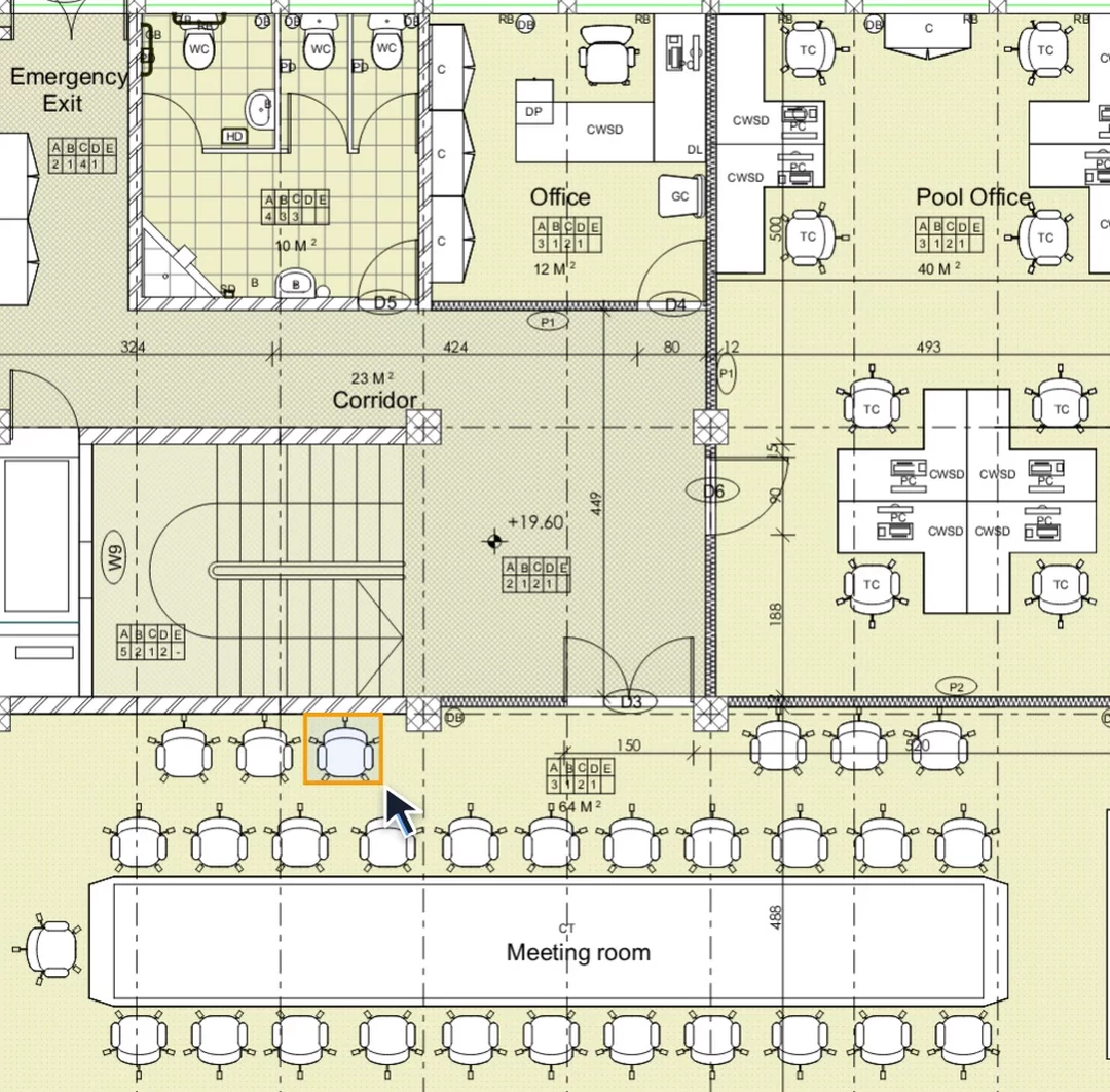 One chair marked as an example on the meeting room drawing.